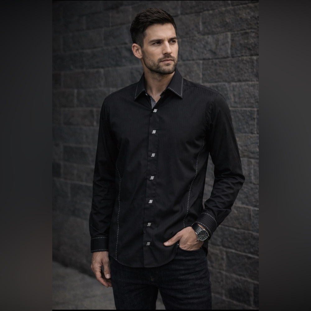 Via Uomo Men's Long Sleeve Casual Black White Stitch Detailing Shirt Size XXL